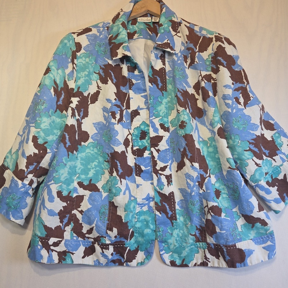 Kim Rogers‎ 1X 100% Linen Floral Open Front Blazer Jacket Blue Aqua Brown Lined